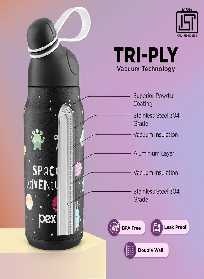 Pexpo Piano 450 ISI Certified Stainless Steel Water Bottle for School Kids - 420ml | 6+ Years Age |Hot & Cold | with Sipper Cap |Double Wall | for Picnic, Outing - Black Space Printed - Image 3